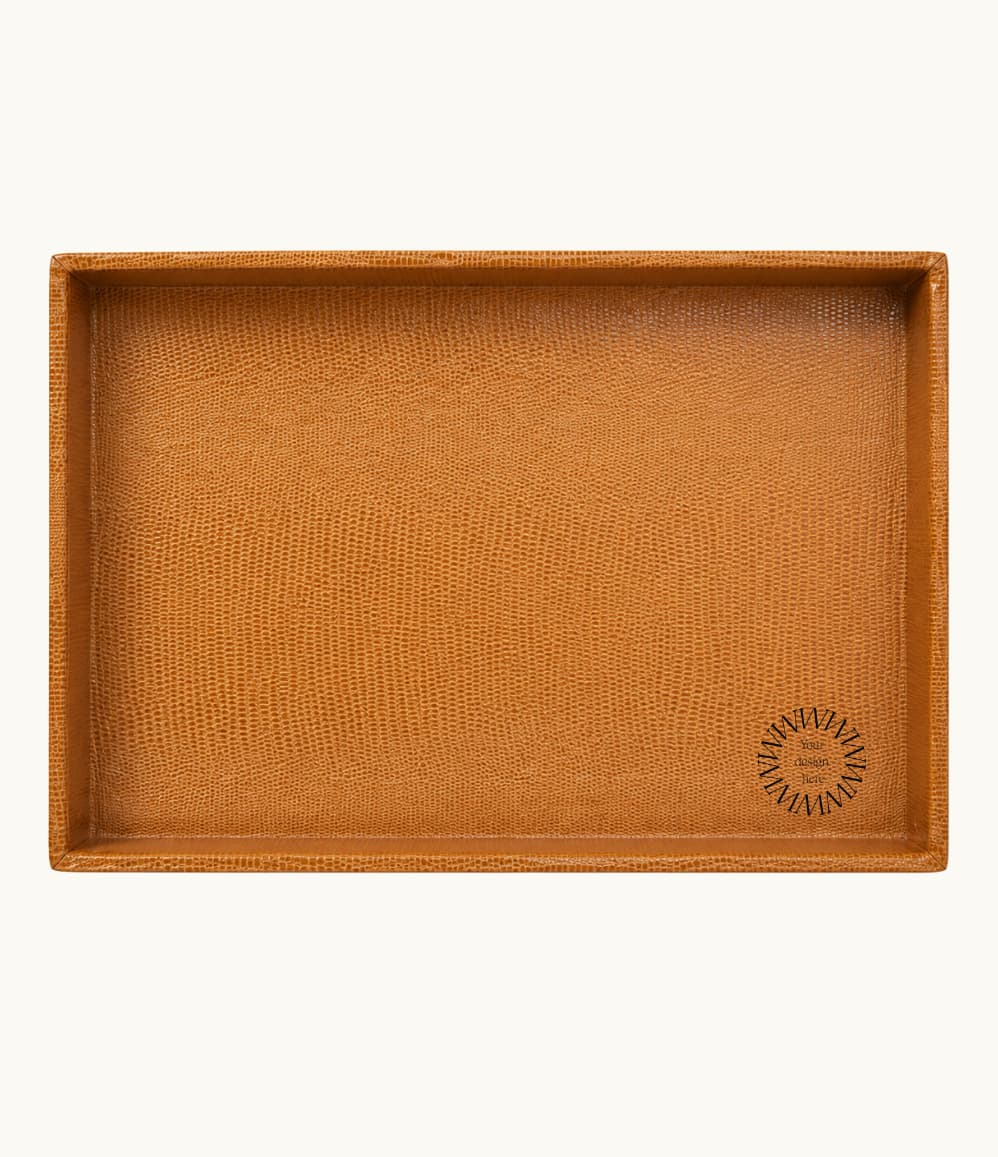 Large cognac desk tray for incoming documents shown from above, showing logo placement
