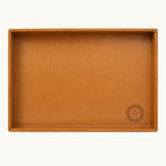 Large cognac desk tray for incoming documents shown from above, showing logo placement