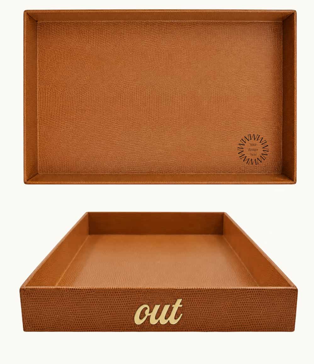 Large cognac desk tray for outgoing documents shown from above, showing logo placement