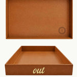 Large cognac desk tray for outgoing documents shown from above, showing logo placement