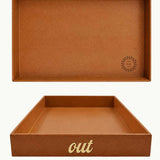 Large cognac desk tray for outgoing documents shown from above, showing logo placement