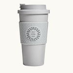 Grey compostable 16oz tumbler with lid, co-brand for sustainable merch and premium eco swag from women-owned brands