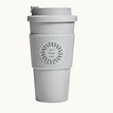 Grey compostable 16oz tumbler with lid, co-brand for sustainable merch and premium eco swag from women-owned brands