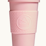 Pink compostable 16oz tumbler with lid, co-brand for sustainable merch and eco swag from women-owned brands