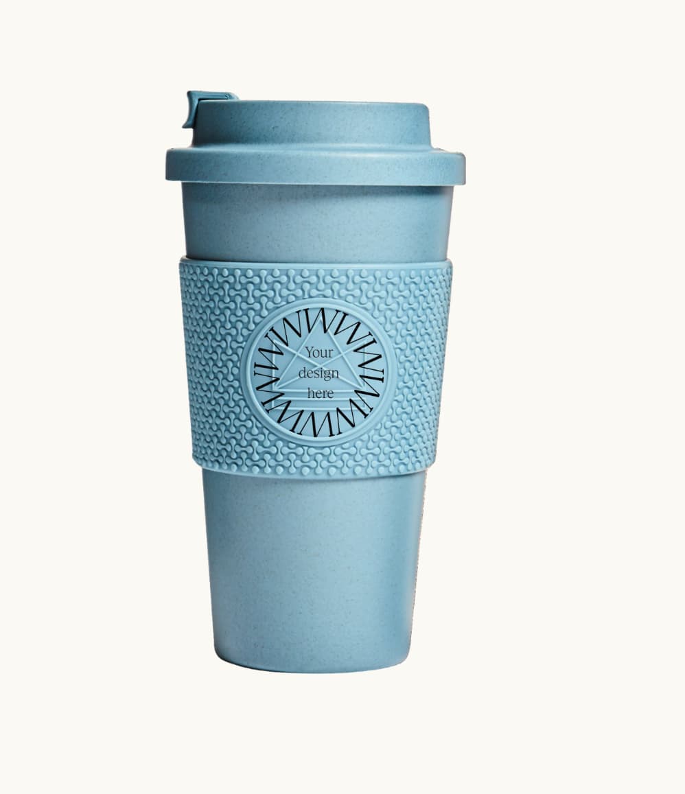 Compostable Tumbler 16oz in blue, lid on, showing logo placement