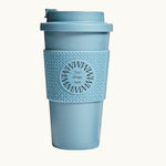 Compostable Tumbler 16oz in blue, lid on, showing logo placement