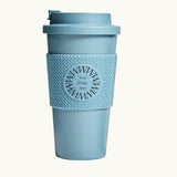 Compostable Tumbler 16oz in blue, lid on, showing logo placement
