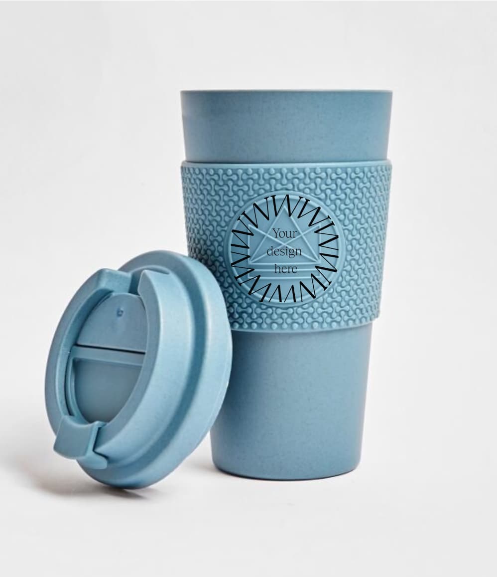 Compostable Tumbler 16oz in blue, lid off, showing logo placement