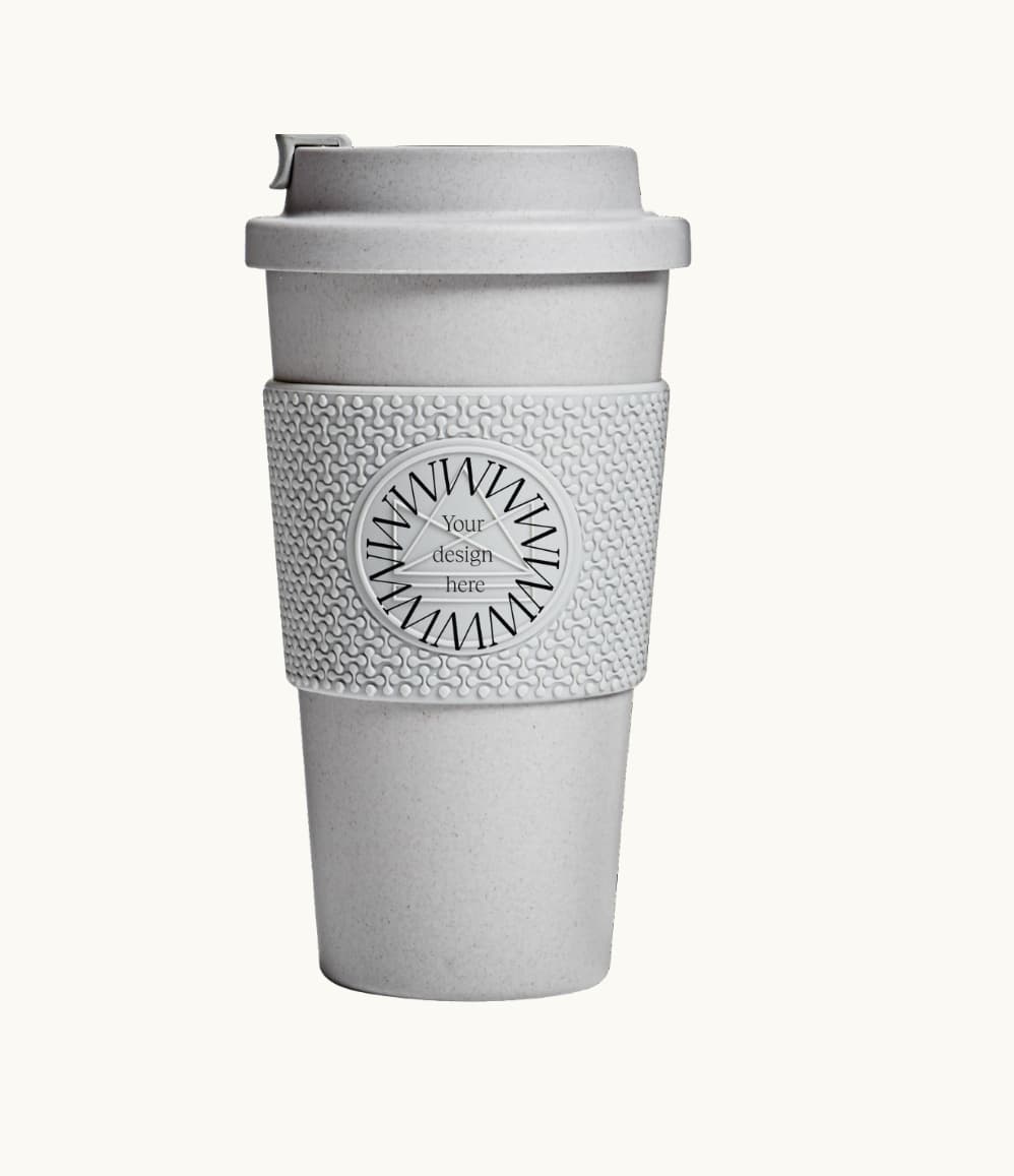 Compostable Tumbler 16oz in grey, lid on, showing logo placement