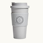 Compostable Tumbler 16oz in grey, lid on, showing logo placement