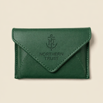 Branded leather card holder for business events in green