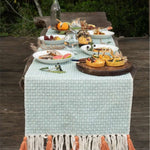 Handwoven organic cotton table runner styled on dining table, event styling for corporate dinners and brand activations