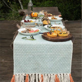 Handwoven organic cotton table runner styled on dining table, event styling for corporate dinners and brand activations