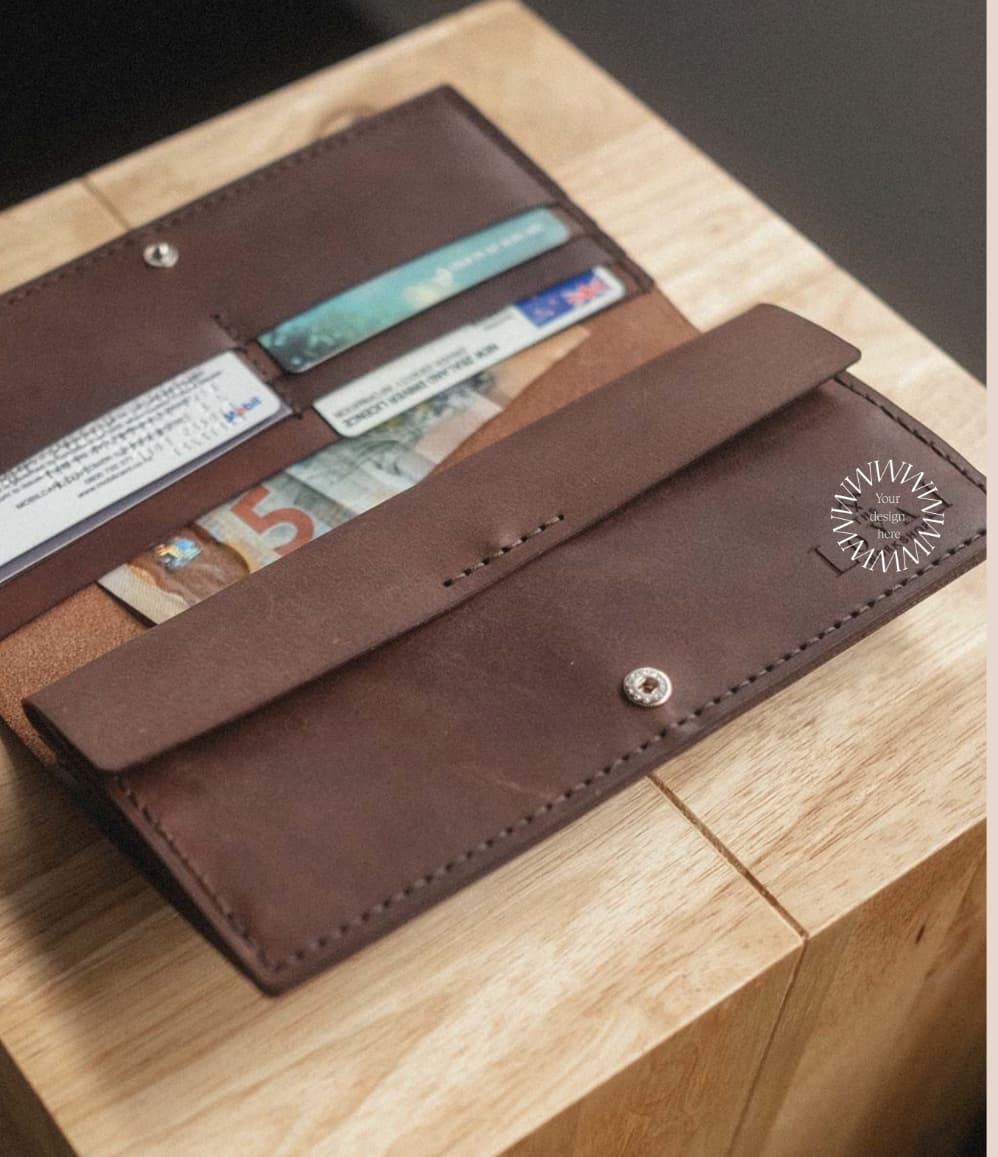 Hand-stitched long leather wallet, a personalised corporate hospitality gift for clients.