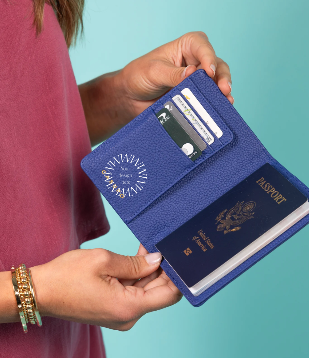 Branded leather passport wallet for corporate gifting and executive travel