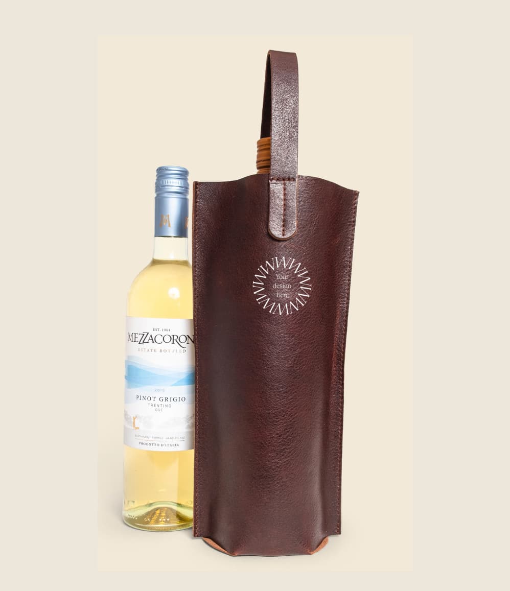 Tan leather wine carrier as branded corporate swag. Personalise it with your company logo. 