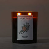 Deepest Sleep aromatherapy candle by Norfolk Natural Living, lit with two wicks
