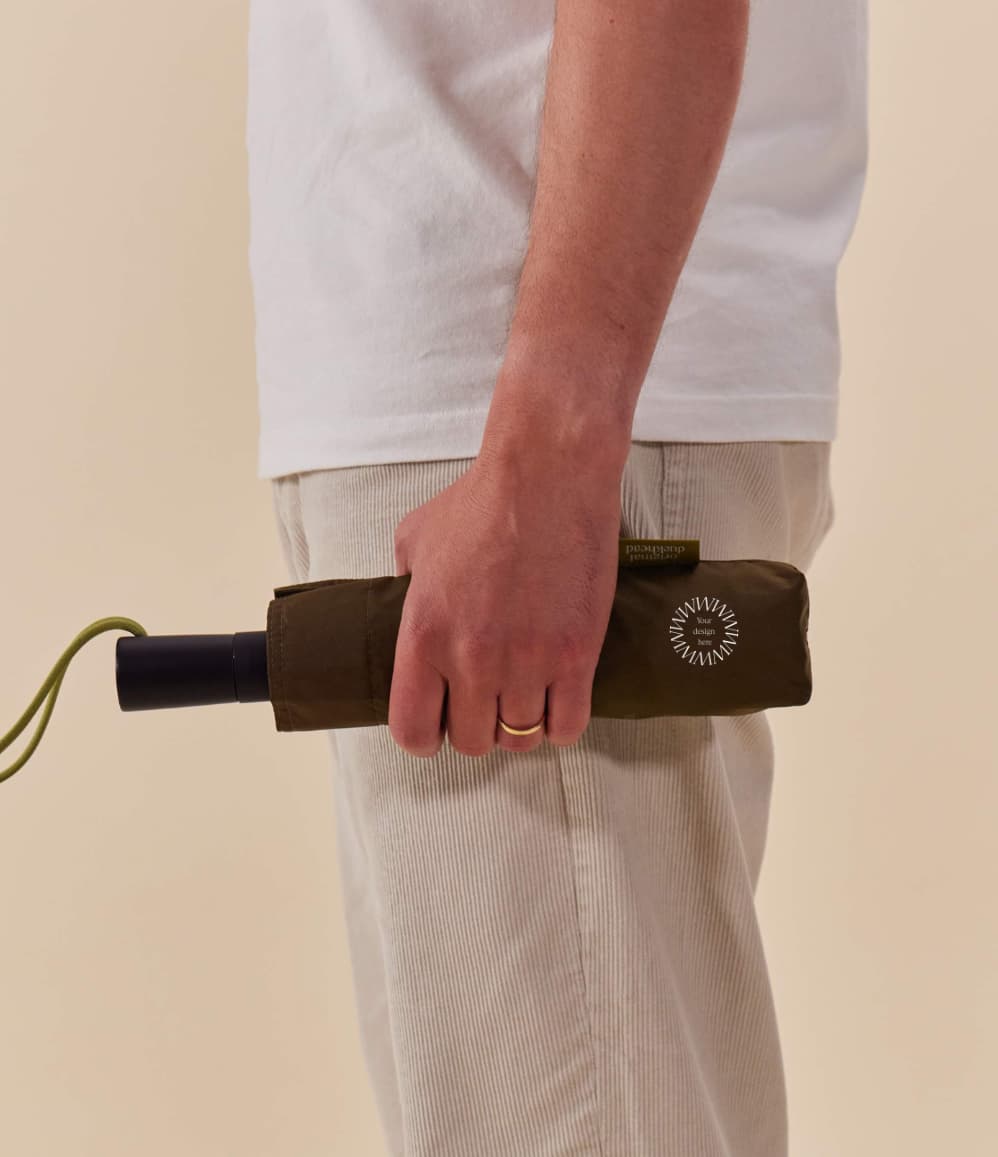 Eco-Friendly Travel Umbrella in dark olive, showing logo placement
