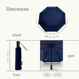 Eco-Friendly Travel Umbrella, dimensions diagram showing open, closed and weight