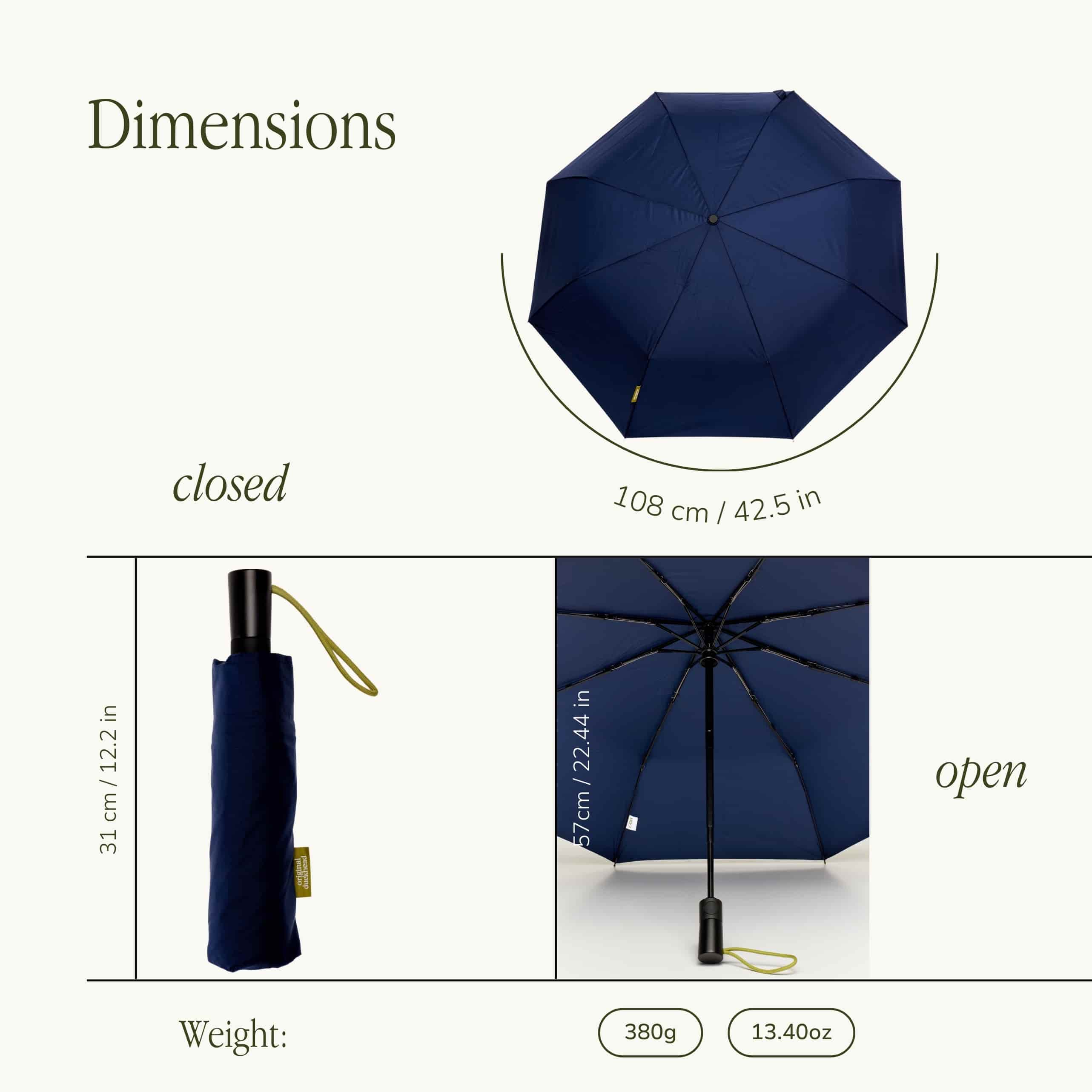 Eco-Friendly Travel Umbrella, dimensions diagram showing open, closed and weight