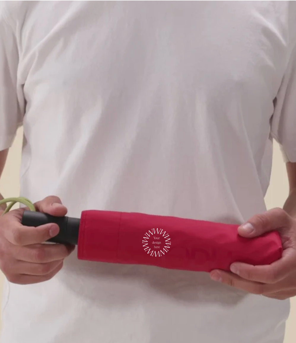Eco-Friendly Travel Umbrella in magenta, showing logo placement