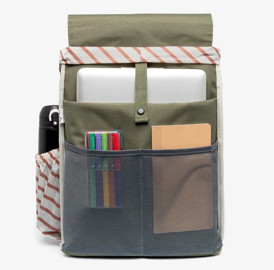 19L olive eco rPET backpack padded laptop pocket interior sustainable branded merchandise