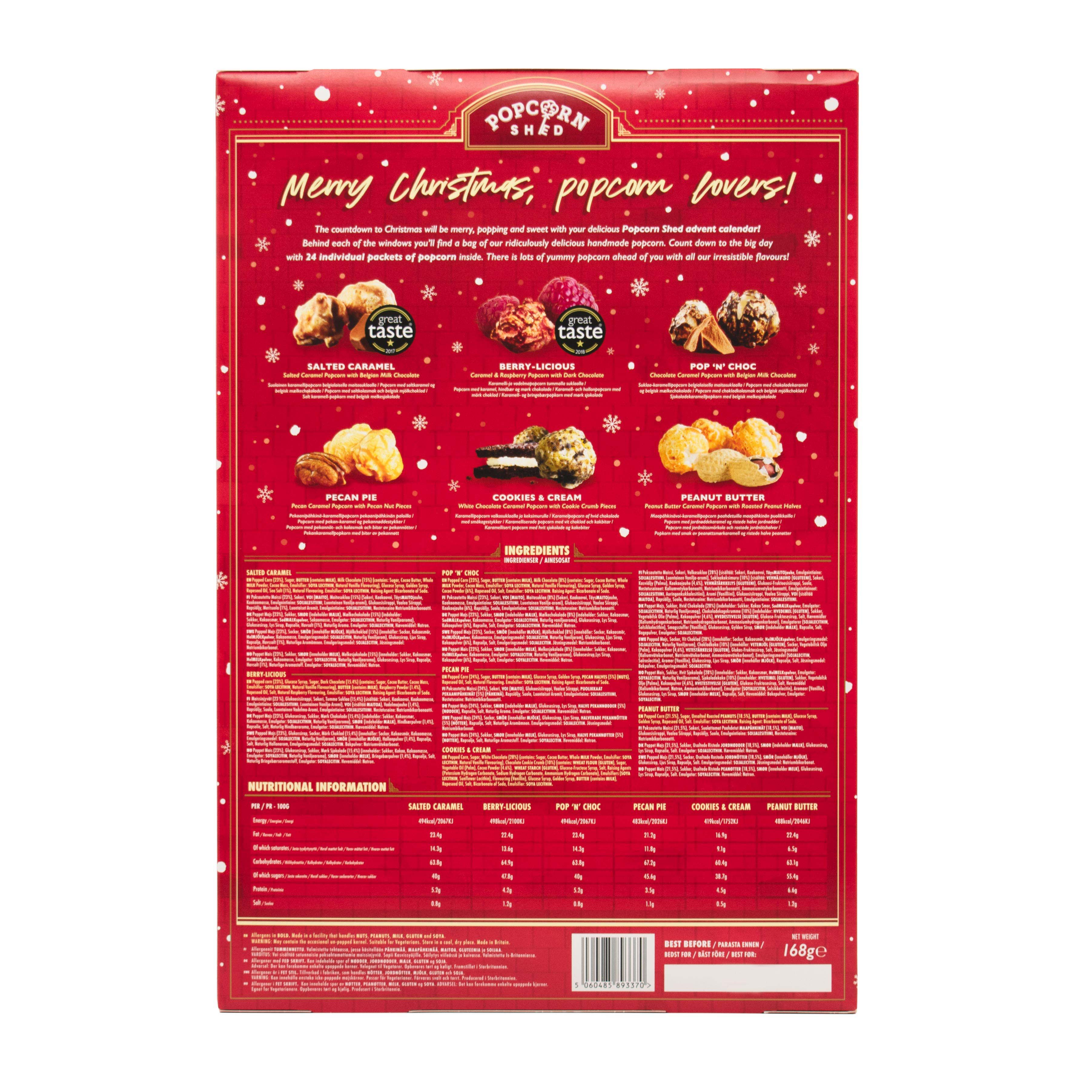 Red popcorn advent calendar back view. Christmas corporate gift for clients