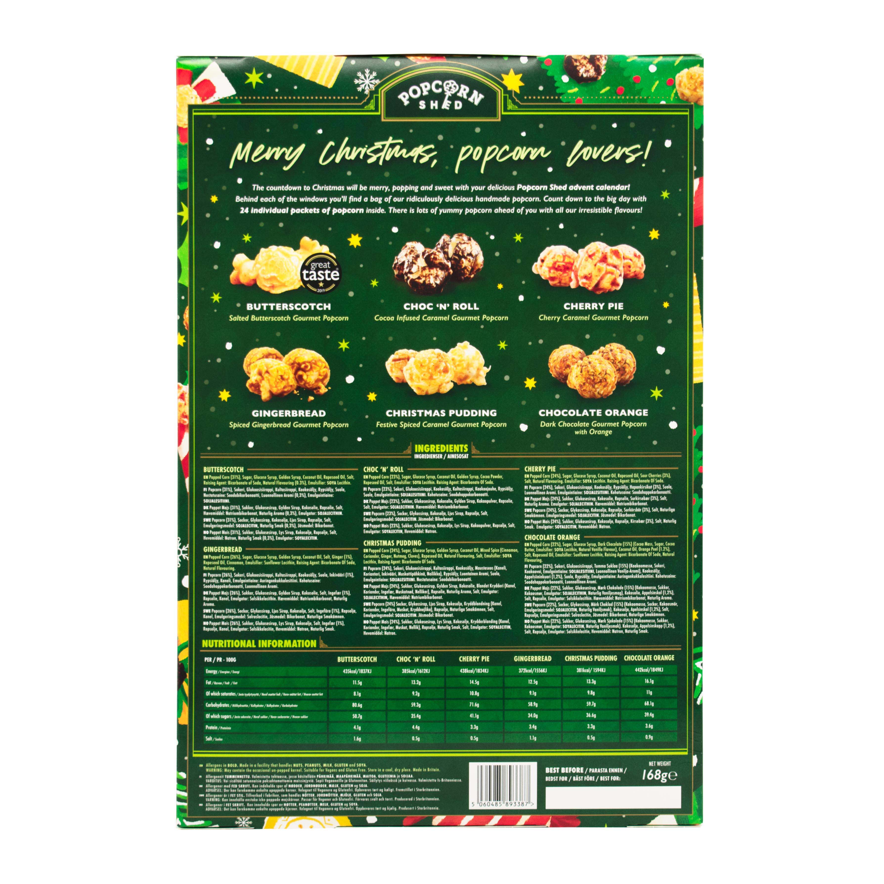 Back of green popcorn advent calendar. Christmas gift for teams and clients