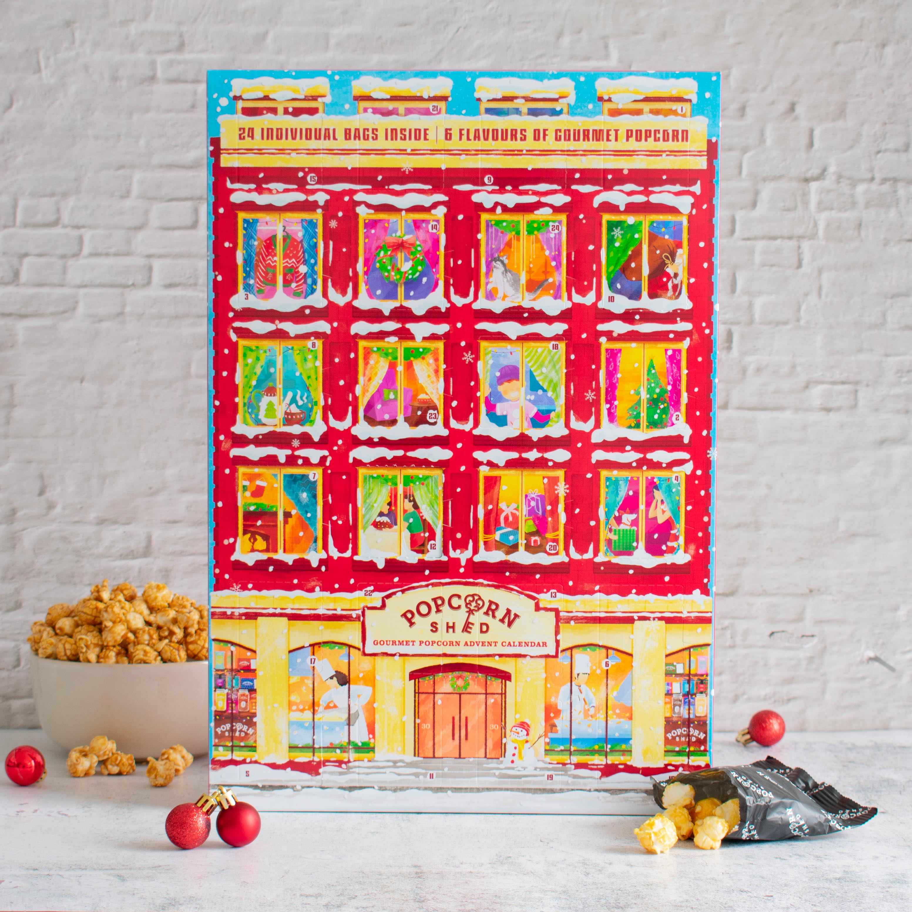 Festive red popcorn advent calendar. Personalised corporate Christmas gift.