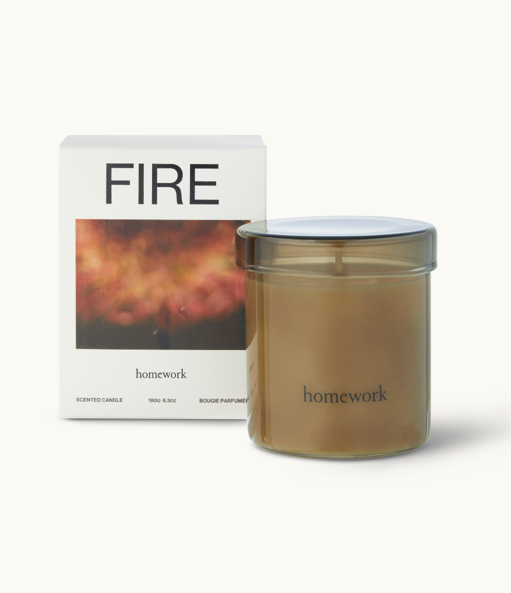 Fire scented candle styled with natural materials, women owned business gift