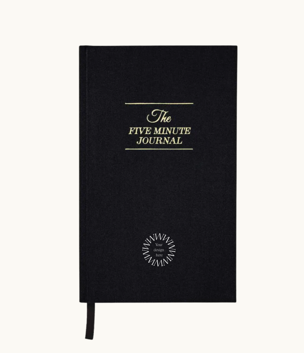 Black Five Minute Journal printed on FSC-certified paper, ideal wellness personalised corporate gifts