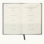 Inside pages of the Five Minute Journal showing daily gratitude prompts and reflections, designed to promote positivity and well-being. Personalised corporate gifts