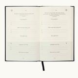 Inside pages of the Five Minute Journal showing daily gratitude prompts and reflections, designed to promote positivity and well-being. Personalised corporate gifts