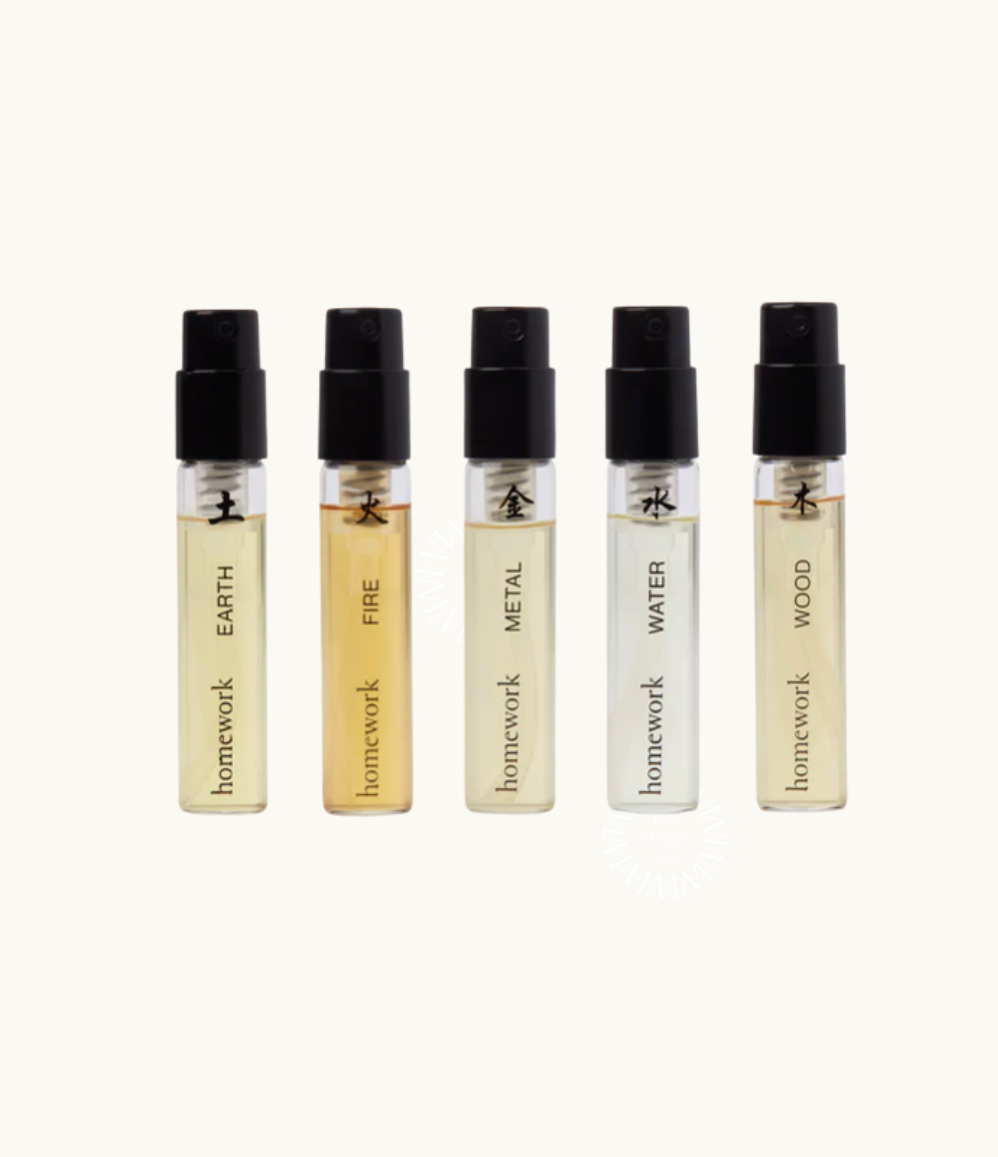Five Eau de Parfum bottles from the Five Elements Discovery Set, Wood, Fire, Earth, Metal and Water.