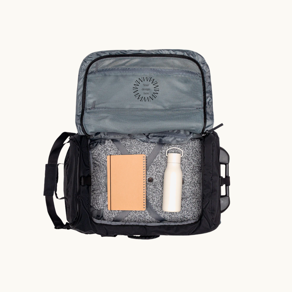 Foldable Travel Bag with Wheels in Black open view showing compartments, recycled PET sustainable business gift