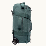 Foldable travel bag with wheels in sage green. Recycled rPET eco friendly corporate thank you gift