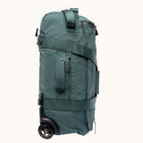 Foldable travel bag with wheels in sage green. Recycled rPET eco friendly corporate thank you gift