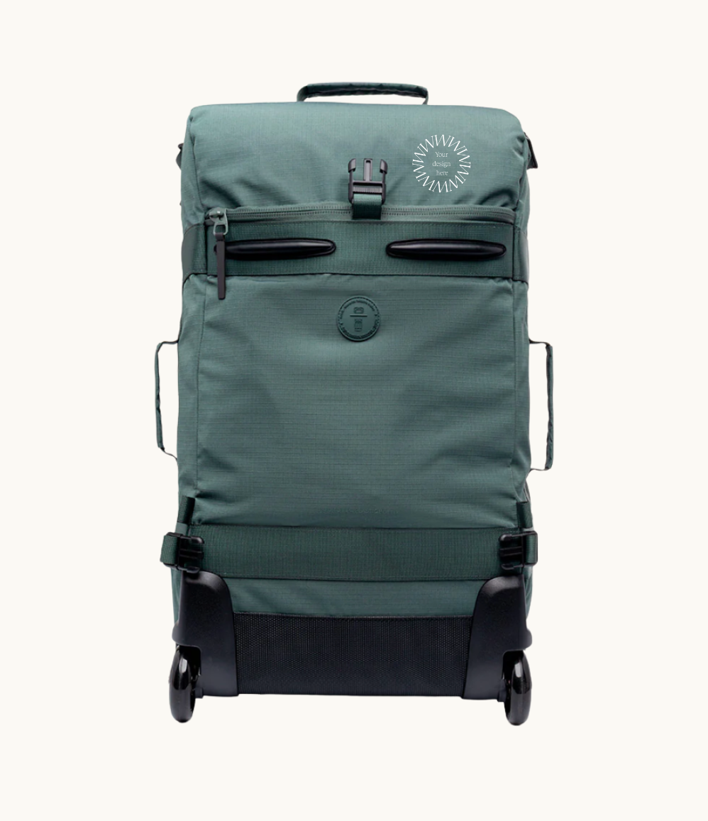Foldable travel bag with wheels in sage green. Recycled rPET eco friendly corporate gifts for clients and employees