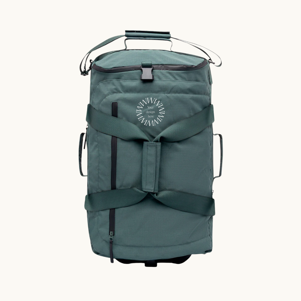 Foldable travel bag with wheels in sage green lifestyle view, sustainable branded merch and corporate gift ideas for clients and employees