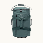 Foldable travel bag with wheels in sage green lifestyle view, sustainable branded merch and corporate gift ideas for clients and employees