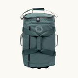 Foldable travel bag with wheels in sage green lifestyle view, sustainable branded merch and corporate gift ideas for clients and employees