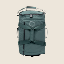 Foldable travel bag with wheels in sage green. Sustainable branded merch and corporate gift ideas for clients and employees