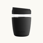 Black reusable takeaway glass coffee cup with lid 350ml, premium branded merch, eco swag and sustainable corporate gift from women-owned brands