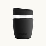 Black reusable takeaway glass coffee cup with lid 350ml, premium branded merch, eco swag and sustainable corporate gift from women-owned brands