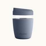 Dark blue reusable takeaway glass coffee cup with lid 350ml, premium branded merch, eco swag and sustainable corporate gift from women-owned brands