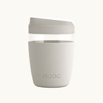 Light grey reusable takeaway glass coffee cup with lid 350ml, premium branded merch, eco swag and sustainable corporate gift from women-owned brands