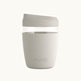 Light grey reusable takeaway glass coffee cup with lid 350ml, premium branded merch, eco swag and sustainable corporate gift from women-owned brands