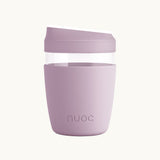 Pink reusable glass coffee cup with lid 350ml, premium branded merch, eco swag and sustainable corporate gift from women-owned brands