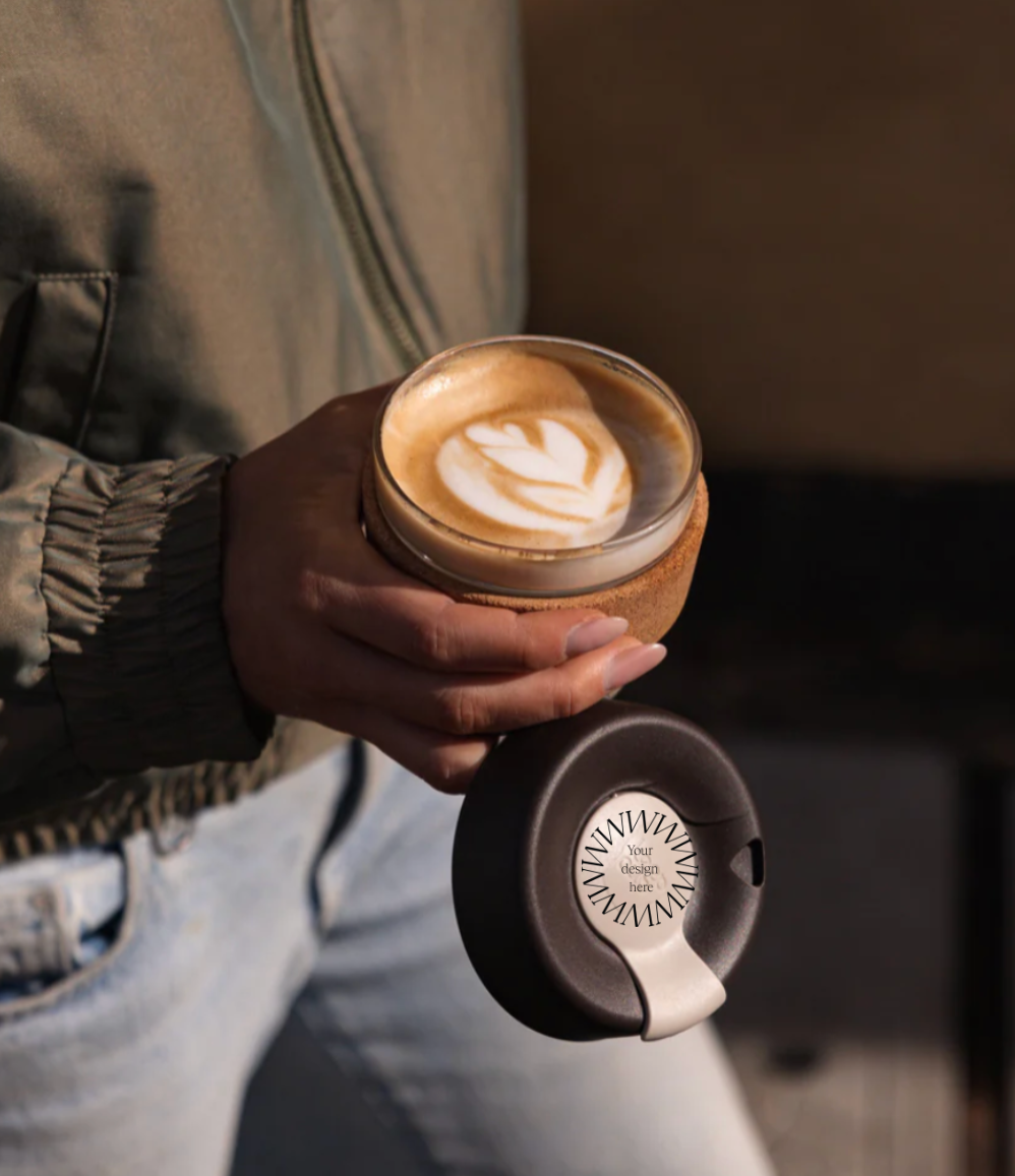 Sustainable eco merchandise glass cup with customisable cork band for logo branding