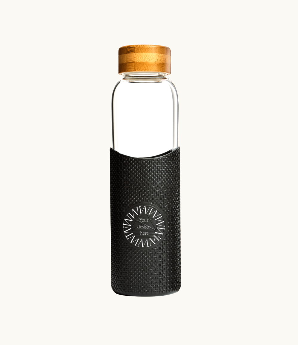 Leakproof 550ml glass water bottle in black recyclable corporate gifting swag